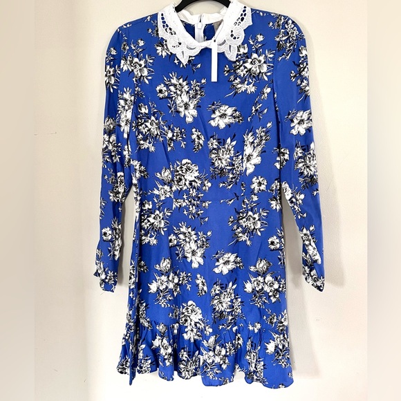 ✨NWT✨ ASOS FLORAL MINI DRESS LACE COLLAR LONGSLEEVE BLUE WHITE BLACK SIZE 6 - Picture 13 of 13